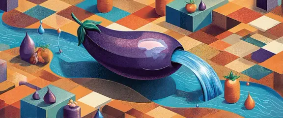 Symbolische illustratie van een aubergine waar vocht uit stroomt