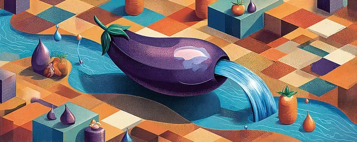 Symbolische illustratie van een aubergine waar vocht uit stroomt