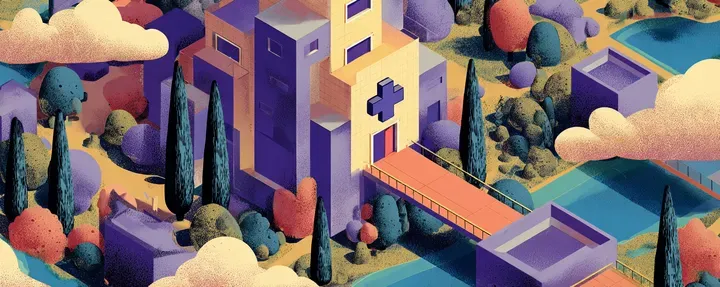 Illustratie van een kliniekgebouw met medisch kruis in een gestileerde stad