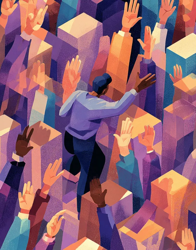 Illustratie van een menigte met opgestoken handen vol vragen